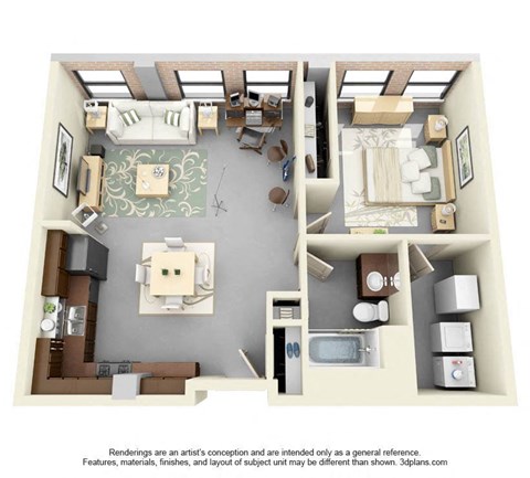 Floor plan for 1 bed, 1 bath, 809 sqft